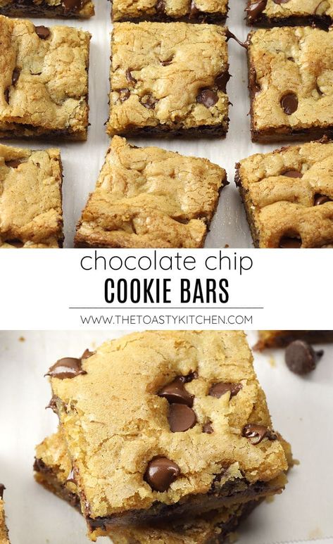 Chocolate chip cookie bars recipe by The Toasty Kitchen. Chocolate chip cookie bars are easy to make from scratch in your own home. This recipe requires no chilling time and no mixer - they're ready in less than an hour! These bars turn out chewy and soft, and are filled with melty chocolate chips. #chocolatechipcookiebars #cookiebars #chocolatechips #recipe #homemade #fromscratch #recipe #dessert Chewy Cookie Bars, Chocolate Chip Pan Cookies, Chocolate Chip Cookie Bar Recipe, Church Recipes, Chip Recipes, Cookie Bars Easy, Baked Desserts, Chewy Bread, Icing Recipes