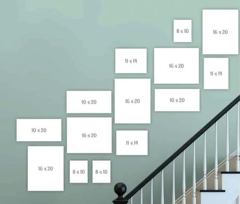 Family Photo Gallery Wall Stairway, Hallway Stairs Photo Wall, Staircase Frames Layout Stairway Photos, Gallery Wall Layout With Sizes Stairs, Staircase Collage Wall Frame Layout, Picture Collage On Stair Wall, Collage Staircase Wall, Ikea Photo Wall Stairs, Family Photos On Staircase Wall