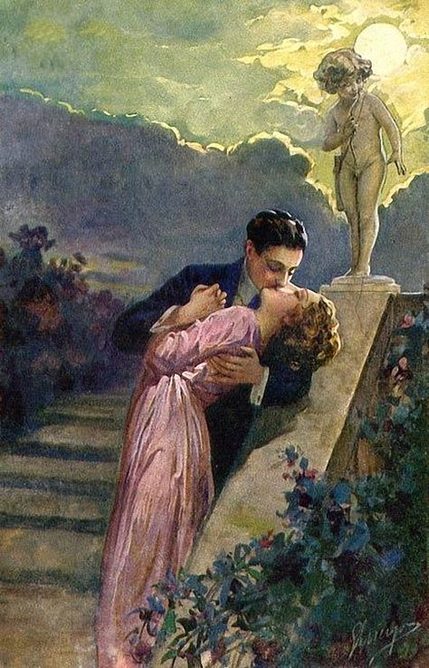 Lovers - Unknown Artist, c.1910 The Moon, A Man, A Woman, Statue, Moon