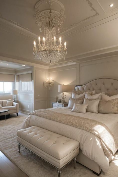 Luxury Spare Bedroom, Baroque Bedroom Modern, House Esthetics, Cream And White Bedroom, Decorating Ideas Bedroom, Baroque Chandelier, Elegant Apartment, Luxury Bedrooms, Cheerleading Hairstyles