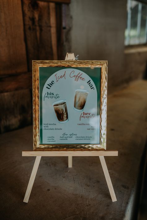 Cold Brew Bar Wedding, Coffee Wedding Seating Chart, Diy Coffee Bar For Party, Iced Coffee Hour Wedding, Ice Coffee Bar Wedding, Breakfast Wedding Reception Ideas, Iced Coffee Bar Wedding Reception, Coffee Shop Wedding Reception, Coffee Themed Wedding Reception