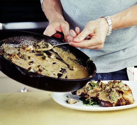 Mushroom, sherry & grain mustard sauce (oil, mushrooms, garlic, thyme, sherry, vinegar, stock, creme, mustard, parsley) Sherry Sauce, Mushroom Garlic, Gordon Ramsay Recipe, Fresh Olives, Pork Schnitzel, Fillet Steak, Pork Fillet, Sherry Vinegar, Mustard Sauce