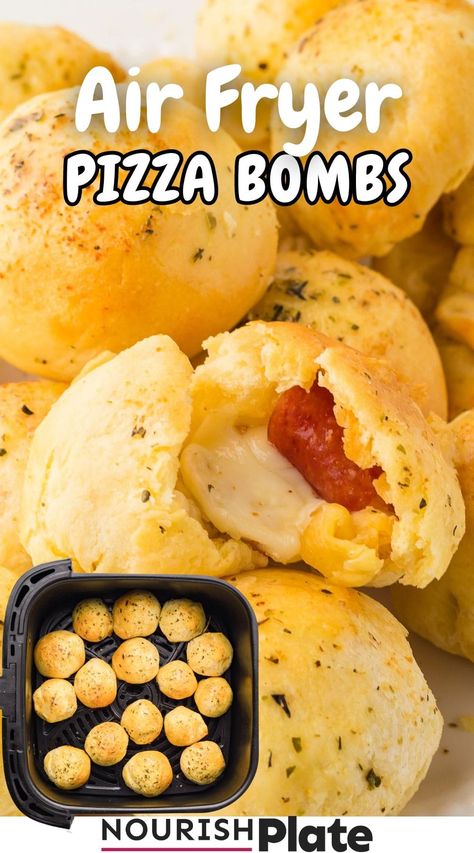 Easy Air Fryer Pizza Bombs are perfect for parties, tailgating, or a quick snack. Crispy, cheesy, and ready in minutes! Air Fryer Pizza Logs, Air Fried Pizza Bites, Pizza Pops In Air Fryer, Easy Air Fryer Appetizers, Quick Air Fryer Snacks, Air Fryer Snack Recipes, Homemade Pizza Bites, Cooking Homemade Pizza, Pizza Bomb