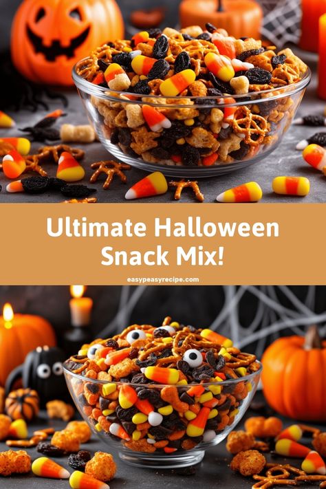 A glass bowl filled with Halloween-themed snack mix including candy corn, pretzels, and raisins, with pumpkins and candles in the background. Halloween Snack Mix Monster Munch, Monster Munch Recipe, Halloween Trail Mix Recipe For Kids, Halloween Mix Snack, Halloween Munch, Halloween Snack Mix Recipes, Halloween Trail Mix Recipe, Chex Snacks, Halloween Party Mix