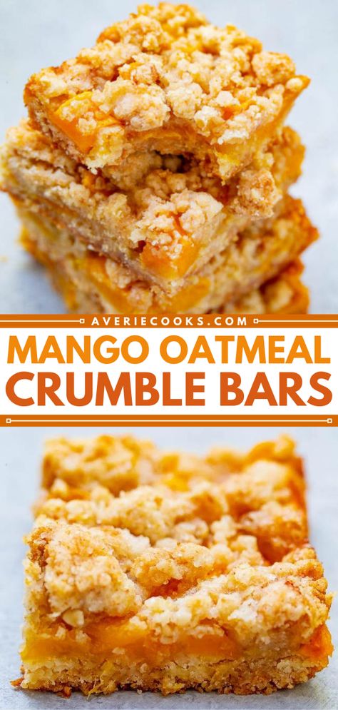 Mango Oatmeal Crumble Bars Mango Crumble Recipe, Mango Baking Recipes, Peach Dessert Bars, Fresh Mango Recipes, Mango Crisp, Mango Crumble, Oatmeal Crumble Bars, Mango Oatmeal, Oatmeal Crumble Topping