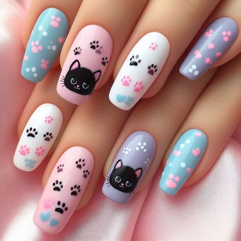 Kitten Nails Design, Short Cat Nails Acrylic, Funny Nail Art Designs, Animal Nail Designs Easy, Animal Nails Cute, Long Nails For Kids, Cute Cat Nail Art, Kid Nail Ideas, Nail Summer Designs