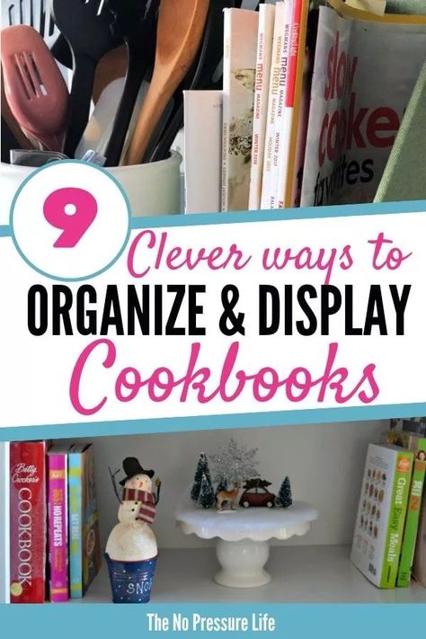 Books In Kitchen Ideas, Cookbooks Above Fridge, Kitchen Cookbook Storage Ideas, Cookbook Organization Ideas, Recipe Book Storage Ideas Kitchens, How To Display Cookbooks, Kitchen Bookshelf Ideas Cookbook Shelf, Displaying Cookbooks In Kitchen, Cookbook Display In Kitchen