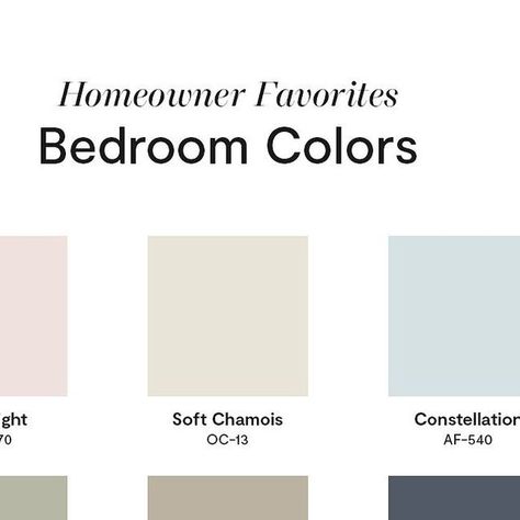 Benjamin Moore PRO on Instagram: "Want an easy way to help your clients find a color for their next bedroom repaint? Our palette of homeowner favorites features popular options, like First Light 2102-70 and Pashmina AF-100. Save this post for future reference, and tell us in the comments which paint colors your clients have been using for their bedrooms and other spaces recently! #BenjaminMoorePro #BedroomColors #PaintingContractor" Next Bedroom, Painting Contractors, Paint Colors Benjamin Moore, Benjamin Moore Paint, Other Space, Benjamin Moore, Bedroom Colors, A Color, One Light