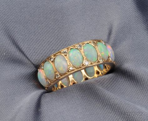 14kt Gold, Opal, and Diamond Band Auction Number 2437 Lot Number 77 | Skinner Auctioneers Bijoux Art Deco, Bijoux Art Nouveau, Green Yellow Blue, Color Stones, Full Eternity Ring, Red Green Yellow, Diamond Band, Jewelry Ring, Dream Jewelry