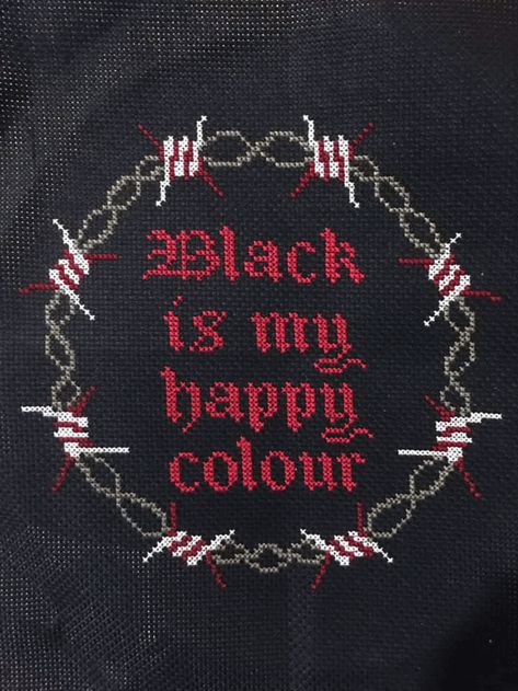 Black is my happy color. Gothic cross stitch with styled lettering on a barbed wire wreath. What's not to like? Black cross stitch pattern PDF - instant download--THIS IS A DIGITAL PATTERN NOT A FINISHED CROSS STITCH PIECE ■ Sizing ■ Pattern size: 98 stitches wide by 95 stitches high Following sizes are based on: 14 count Aida Stitched area: 17.8cm by 17.2cm (7 x 6¾ inches) Fabric size suggested: 33cm by 32cm (13 x 13 inches) (Fabric size includes allowance for mounting) ■ Pattern Content ■ Flos Barbed Wire Wreath, Black Cross Stitch, Gothic Cross Stitch, Black Is My Happy Color, Cross Stitch Border Pattern, Cross Stitch Quotes, Cross Stitch Fonts, Subversive Cross Stitch, Gothic Cross