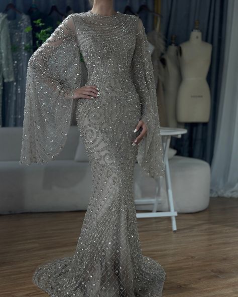 LA72771 Classy Evening Dress, Dress With Flared Sleeves, Chic Evening Dress, Beaded Mermaid, Arabic Dress, Bride Dress Simple, Mermaid Evening Gown, Maid Of Honour Dresses, Women Dresses Classy