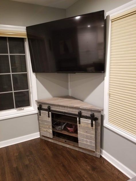 Upstairs Kitchen, Corner Entertainment Center, Rustic Entertainment Center, Corner Tv Cabinets, Pallet Tv, Barn Door Entertainment Center, Tv Unit Design Modern, Corner Tv Unit, Living Room Entertainment Center