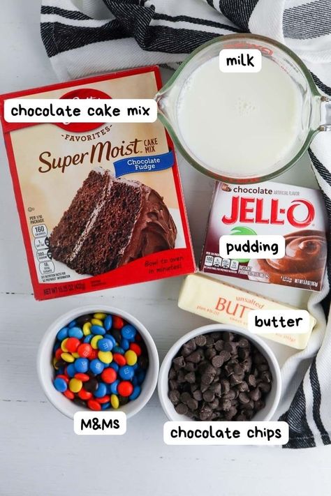 Sinful M&M Chocolate Dump Cake Recipe - Upstate Ramblings Dump Cake Recipes Chocolate, Chocolate Dump, Chocolate Dump Cake, Milk Chocolate Cake, German Chocolate Cake Mix, Toffee Chips, Dump Cake Recipe, Mix Chocolate, Oreo Fudge