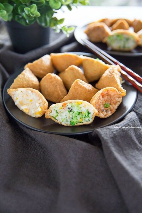 How to Make Korean Yubuchobap (Inari Sushi) | MyKoreanKitchen.com Hibachi Food, Spicy Tuna Recipe, Rice Asian, Inari Sushi, Deep Fried Tofu, Fried Beans, Korean Kitchen, Box Recipes, Bean Sauce