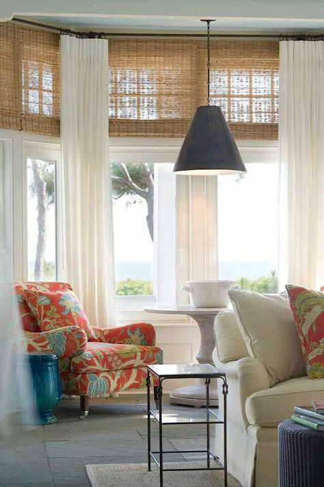 matchstick blinds with white linen drapes | perfect for a beach home Wooden Blinds Living Room, Wood Blinds Living Room, White Wood Blinds, Matchstick Blinds, Upper Window, Creek House, Woven Wood Shades, Window Treatments Living Room, White Wooden Blinds