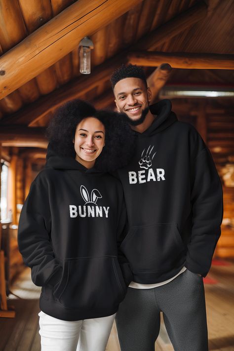 For couples: Unisex hooded sweatshirts, Sweaters, Jumper. For your loved one Valentine's Day gifts, Funny Couple Hoodie, Matching clothing. Gf And Bf, Bunny Couple, Hoodie Couple, Matching Clothing, Funny Couple, Basic Sweater, Couples Sweatshirts, Les Couples, Basic Sweaters