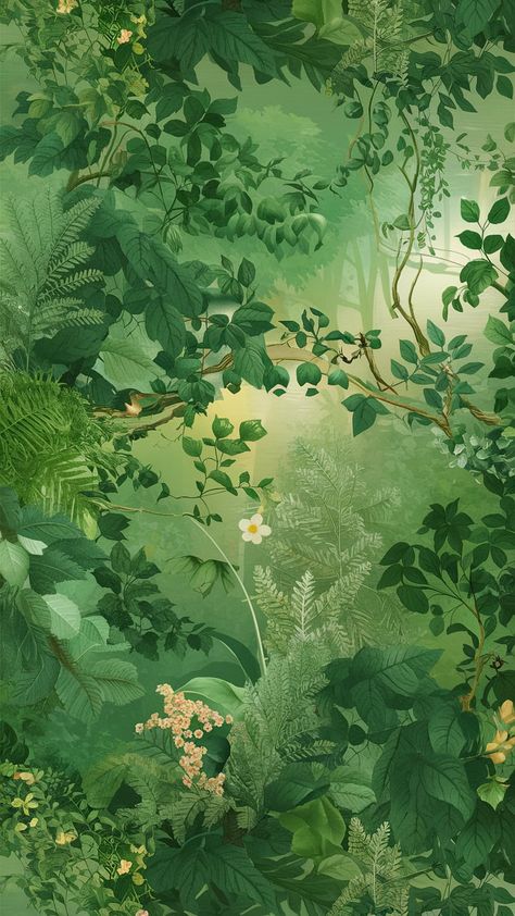 Transform your space with our lush green wallpaper, inspired by tranquil forest landscapes. Featuring intricate leaf patterns, delicate vines, and various shades from deep emerald to soft mint, this design evokes calmness. Sunlight filters through, enhancing its depth, while vibrant flowers and birds add life. Perfect for nature lovers seeking a peaceful escape. #GreenWallpaper #NatureInspired #InteriorDesign #HomeDecor Ipad Nature Wallpaper, Mossy Wallpaper, Green Tablet Wallpaper, Wallpaper Backgrounds Green Nature, Forest Green Phone Wallpaper, Green Sustainable Aesthetic, Dark Green Wallpaper Iphone, Green And Red Aesthetic Wallpaper, Green Wallpaper Design