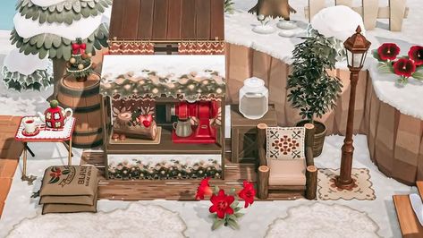 Acnh Holiday Island, Christmas Market Animal Crossing, Animal Crossing Hot Cocoa Stand, Acnh Hot Cocoa Truck, Acnh Hot Chocolate Stall, Acnh Hot Cocoa Stand, Winter Acnh Ideas, Acnh Christmas Market, Creature Street