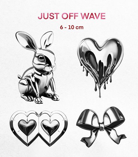 Just Off Wave Flash Designs 🔉🐰💖 If you choose color, it will be heavily discounted. Ideally, the size would be 6 - 10 cm. As you all may know that I’m in the experimental period and here are the new designs I would love to create this month @sanspatrie.studio . . . #colourtattoo #musictattoo #musicinspired #valentinestattoo #electrictattoo #tattooart #londontattoo #londontattooartist #flashsheettattoo #rabbittattoo #hearttattoo #sacredheart #sacredhearttattoo #uktattoo #uktattooartists #u... Shiny Tattoo, Metallic Drawing, Chrome Tattoo, Draw Love, Sacred Heart Tattoos, Flash Designs, Rabbit Tattoos, Metal Tattoo, London Tattoo