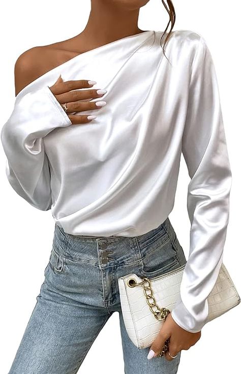 Elevate your style with this elegant satin silk off-shoulder blouse top. Made with high-quality fabric, it features long sleeves and a flattering fit. Perfect for both casual and formal occasions.  #ElegantBlouse #SatinSilkTop #OffShoulderFashion #VersatileStyle Satin Blouse Long Sleeve, Satin Blouse Outfit, White Satin Blouse, Clothing Reference, Mock Neck Blouse, Off The Shoulder Long Sleeve, Pretty Blouses, Satin Blouses, Elegant Blouses