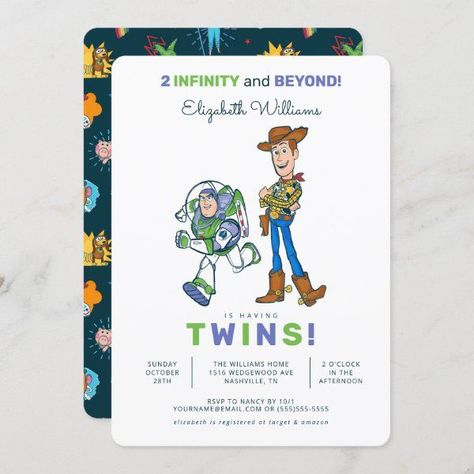 2 Infinity and Beyond Toy Story - Twin Baby Shower Invitation Woody Birthday, Toy Story Invitations, Toy Story Baby, 2nd Birthday Boys, Twins Baby Shower Invitations, Second Birthday Ideas, Disney Baby Shower, 2nd Birthday Party Themes, Toy Story Birthday Party