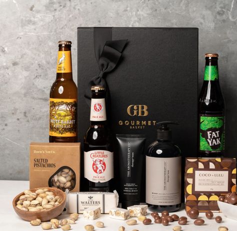 A Father's Day gift hamper featuring a selection of craft beers, fudge, nuts, hand & body wash, and shaving cream. Gift Hamper Ideas, Fathers Day Hampers, Gourmet Baskets, Hamper Ideas, Pamper Hamper, Hand Body, Beer Lovers, Shaving Cream, Pale Ale