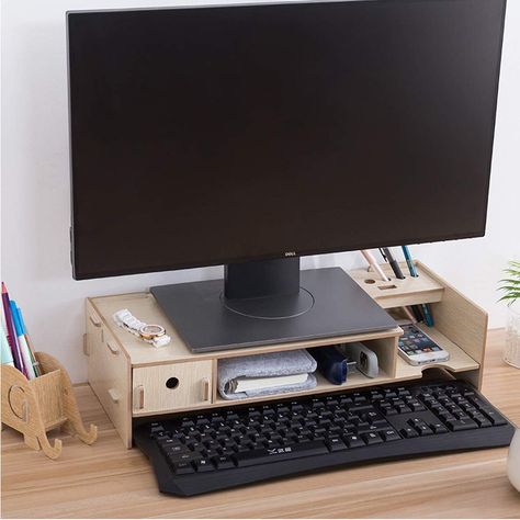 Wood Monitor Stand Riser with Storage Organizer Drawers, Storage Space for Home & Office Computer Rack, Keyboard Storage, Computer Monitor Stand, Organizer Drawers, Home Office Black, Desktop Monitor, Wooden Organizer, Office Black, Computer Stand