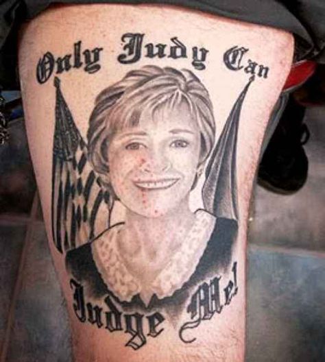 Judge Judy can judge him. | The 34 Most Inexplicable And Weird Tattoos Of Celebrities Dumbest Tattoos, Judge Judy, Tattoo Fails, Sore Eyes, Weird Tattoos, Bad Tattoos, Design Fails, Face Tattoos, Face Tattoo