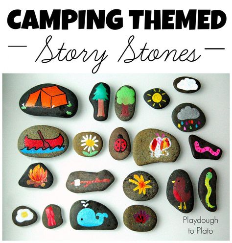 I love these!! Camping Themed Story Stones. Such a fun way to work on storytelling and writing. {Playdough to Plato} Logo Camping, Playdough To Plato, Camping Classroom, Girl Scout Camping, Story Stones, Scout Camping, Camping Games, Camping Theme, Camping Activities