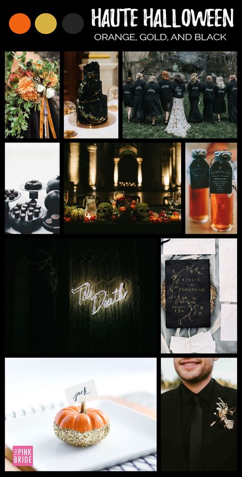 Halloween Wedding Color Board with Orange Gold & Black Details | The Pink Bride®️️️️ www.thepinkbride.com Black And Pumpkin Orange Wedding, Black Purple Orange Wedding, Black Red And Orange Wedding, Orange And Black Wedding, Black And Orange Wedding, Black And Burnt Orange Wedding, Orange Purple Wedding, Spring Wedding Outfit, Orange Wedding Themes