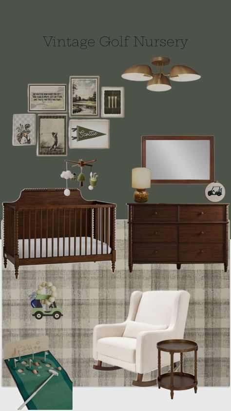 Golf themed nursery, vintage golf, baby boy nursery, green nursery Simple Nursery Boy, Vintage Nautical Nursery, Vintage Nursery Boy, Golf Nursery, Green Nursery Boy, Classic American Home, Baby Bear Nursery, Auntie Baby, Nursery Decor Inspiration