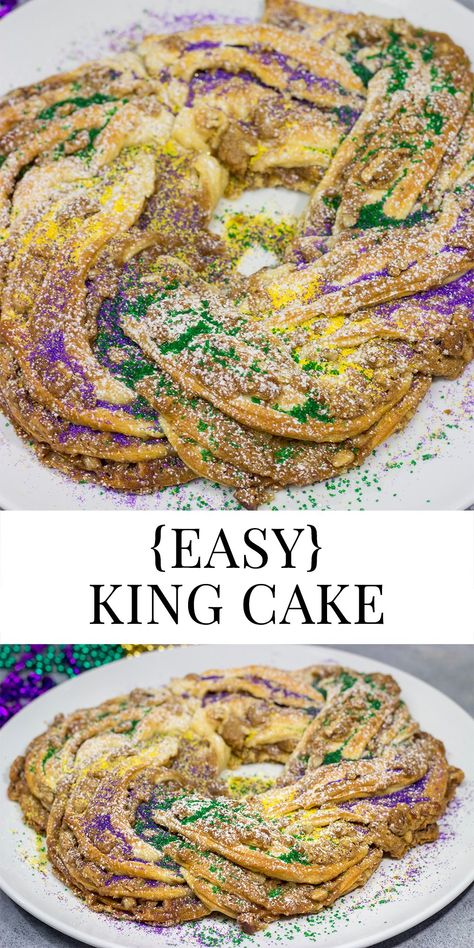 Easy King Cake | Made with refrigerated crescent dough! Easy King Cake Recipe, Easy King Cake, Mardi Gras Desserts, King Cake Recipe Easy, Mardi Gras Cake, King Cake Recipe, Cakes To Make, Mardi Gras King Cake, Mardi Gras Food