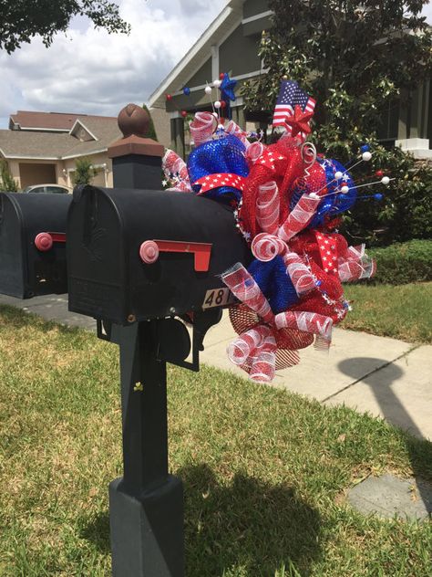 Patriotic Mailbox Swag Deco Mesh. 4th of July. Memorial Day. Labor Day. Stars. Red, White, Blue Deco Mesh. American Flag. MADE TO ORDER. Mailbox Wreath, Mailbox Swag, Mailbox Landscaping, Swag Ideas, Mailbox Decor, Holiday Table Runner, Mailbox Covers, Fourth Of July Decor, Patriotic Party