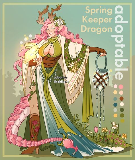 Spring Keeper Dragon on Toyhouse Sunset Dragon Art, Female Dragon Oc, Dragon Hybrid Oc, Dragon Oc Human, Fae Dragon, Spring Character, Dragon Character Design, Spring Dragon, Hybrid Oc