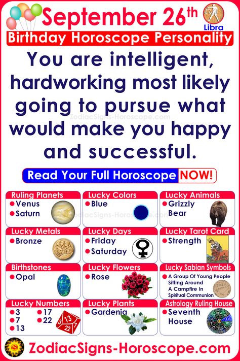 September 26 Zodiac: Birthstones, Lucky Numbers, Days, Colors, Animals, Tarot Card and more. #September26Birthday #September26Personality #SeptemberBornPersonality #BirthdayPersonality #September26Zodiac #September26Horoscope #September26Born #Libra #LibraZodiac #September26 #LuckyNumbers #LuckyAnimals #happybirthday #happy #lucky #tarot #astrology #zodiacsigns #BirthdayHoroscope #Horoscope #birthday #Libraman #Librawoman #HBD September 30 Zodiac, Lucky Things, Birthday Personality, Taurus Horoscope, Birthday Horoscope, Taurus Birthday, Libra Birthday, Positive Traits, Zodiac Calendar