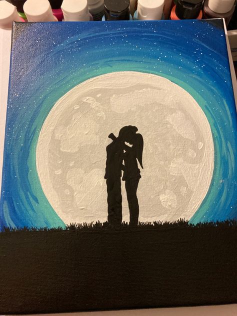 Soulmate Canvas Painting, Silhoutte Ideas Painting Couple, Acrylic Painting Ideas For Boyfriend, Diy Love Painting On Canvas, Sillouette Painting Couple Kissing, Couple Shadow Painting, Soulmates Painting, Couple Silhouette Art Love, Painting Of Love