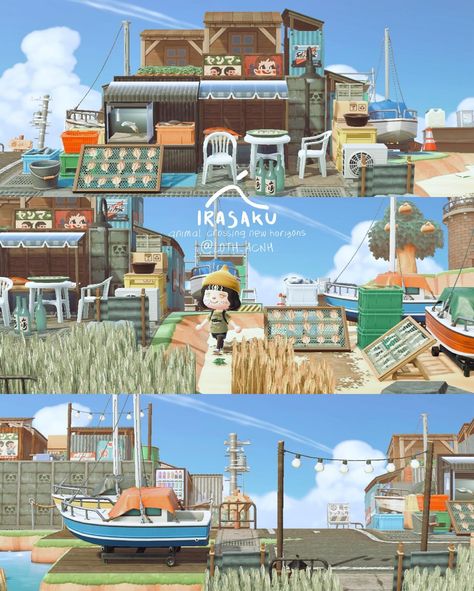 One of my fav area 🐟 fish market street, there’s a railway nearby and a camping area too ⛺️ Zucker comes here at dawn every morning to stock up on fresh fish for his restaurant 🐙🍜 Animal Crossing Fish Market, Acnh Fishing Area, Acnh Fish Market, Animal Crossing Fish, Acnh Japanese, Animation Aesthetic, Japanese Island, Fishing Room, Fishing Shop