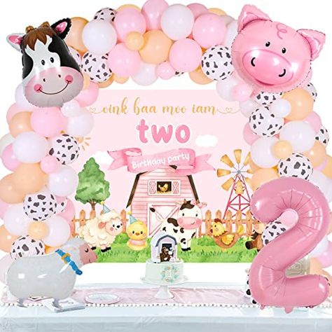 Oink Baa Moo Im Two, Farm 2nd Birthday, 2nd Birthday Decorations, Pig Balloon, Farm Themed Birthday Party, 1 Balloon, Second Birthday Ideas, Farm Animal Birthday, 2nd Birthday Party Themes