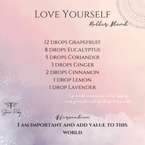 Self Love Roller Blend, Self Love Oil Recipe, Self Love Essential Oil Blend, Essential Oil Perfume Blends, Joy Essential Oil, Essential Oil Roller Bottle Recipes, Essential Oil Perfumes Recipes, Roller Bottle Recipes, Roller Blends