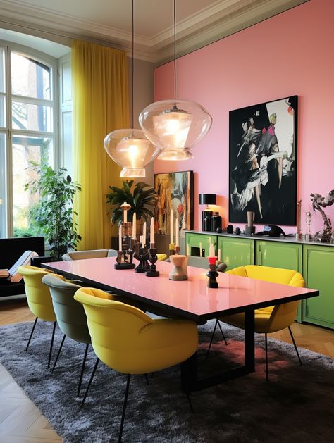 Dining Room Bright Colors, Color Blocking Interior Design, Mauve Interior Design, Bright Dining Room, 2024 Interior Design Trends, Colour Blocking Interior, 2024 Interior Design, British Interior Design, Apartment Dining Room