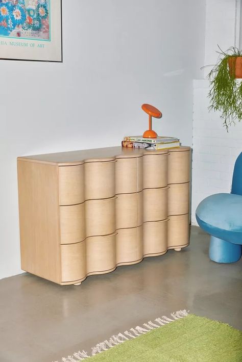 Modern Kitsch | Colorful Furniture + Décor | Urban Outfitters Waved Dresser, Gemini Dresser, Semicircle Drawer, Large Bookshelves, Ruffle Duvet Cover, Urban Outfitters Home, My Wish List, Woven Chair, Vinyl Storage