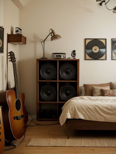 Create a musical bedroom aesthetic by hanging vintage vinyl records on the wall as artwork. Add a retro microphone lamp and a guitar-shaped shelf for a unique touch. Musical Bedroom, Records On The Wall, Rockstar Bedroom, Microphone Lamp, Retro Microphone, Music Bedroom, Vintage Microphone, Elegant Bedroom, Vintage Vinyl Records