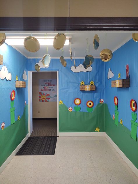 Mario Kart Hallway Decorations, Super Mario Brick Wall, Super Mario Office Decorations, Mario World Decorations, Mario Hallway Decorations, Super Mario Hallway Decor, Mario Flag Pole Diy, Mario Classroom Door, Mario Kart Room