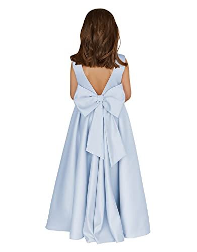 MCieloLuna Flower Girl Dresses for Wedding Bow-Knot Elegant Satin Princess First Communion Dresses Light Blue Flower Girl Dresses, Light Blue Satin Dress, Elegant Flower Girl Dress, Blue Flower Girl, Flower Girl Dresses Blue, Blue Satin Dress, Satin Flower Girl Dress, Champagne Dress, Tulle Flower Girl