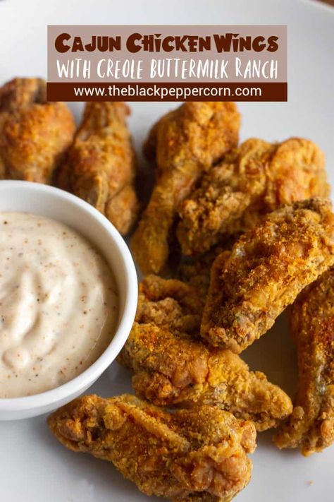 Spicy Fried Chicken Wings, Buttermilk Ranch Dip, Cajun Ranch, Cajun Chicken Wings, Wing Seasoning, Cajun Fried Chicken, Breaded Wings, Chicken Wing Seasoning, Bbq Logo