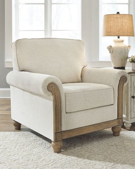 Every good living room design includes at least one accent chair.  And if you’re into the farmhouse look, you’re in luck - there are tons of opti... | Add a Weathered Look with Light-Toned Wood and Linen Farmhouse Armchair, Farmhouse Accent Chair, Sofa Santai, Novelty Floor Lamp, Chair And A Half, Accent Chairs For Living Room, Ashley Furniture, Chaise Sofa, Upholstered Seating