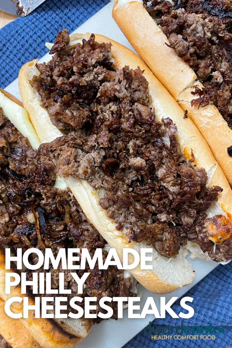 Nothing beats a Philly cheesesteak. They are the perfect combination of simple ingredients--shaved beef, onion, and cheese. While everyone can't be fortunate enough to be from Philly, anyone can make these local delicacies at home. This homemade cheesesteak recipe is done in 30 minutes and is the real deal authentic Philly cheesesteak. Homemade Cheesesteak, Subs Recipes, Homemade Philly Cheesesteak, Steak And Cheese Sub, Gourmet Burgers Recipes, Philly Cheese Steak Sandwich, The Perfect Sandwich, Steak Wraps, Philly Cheesesteaks