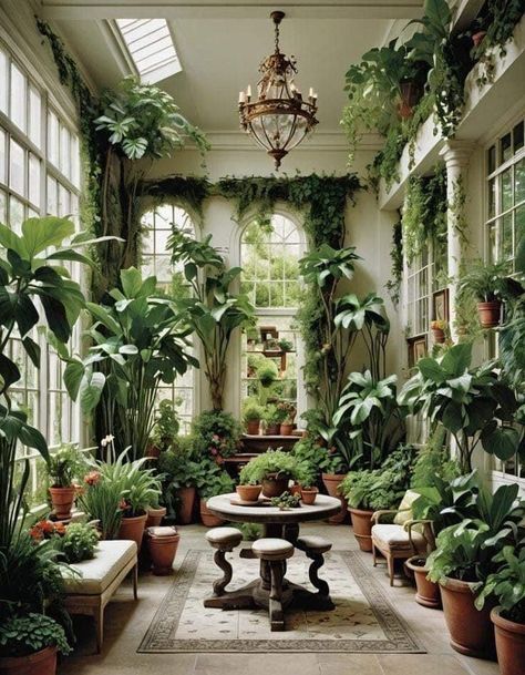 Victorian Indoor Plants, Conservatory With Plants, Indoor Plant Room Sunroom, Garden Through Window, Indoor Garden Room Ideas, Tropical Indoor Garden, Indoor Garden Rooms Sunroom, Inside Garden Room, Plant Atrium