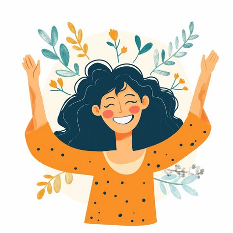 ✨🎨Charming Illustrations with Midjourney Prompts: Click the Link in my Profile🔗🔍 Happy Person Illustration, Happy Woman Illustration, Hands Up In The Air, Mental Therapy, Boho Art Painting, Charming Illustration, Hands In The Air, Insta Ideas, Illustration Inspiration