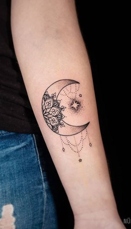 100 Unique Moon Tattoos Ideas and Meanings - Tattoo Me Now Filigree Moon Tattoo, Indian Style Tattoos For Women, Crescent Moon Mandala Tattoo, Paisley Moon Tattoo, Half Moon Tattoos For Women, Small Moon Hand Tattoo, Tattoo Of The Moon, Half Moon And Star Tattoo, Thigh Moon Tattoos Women